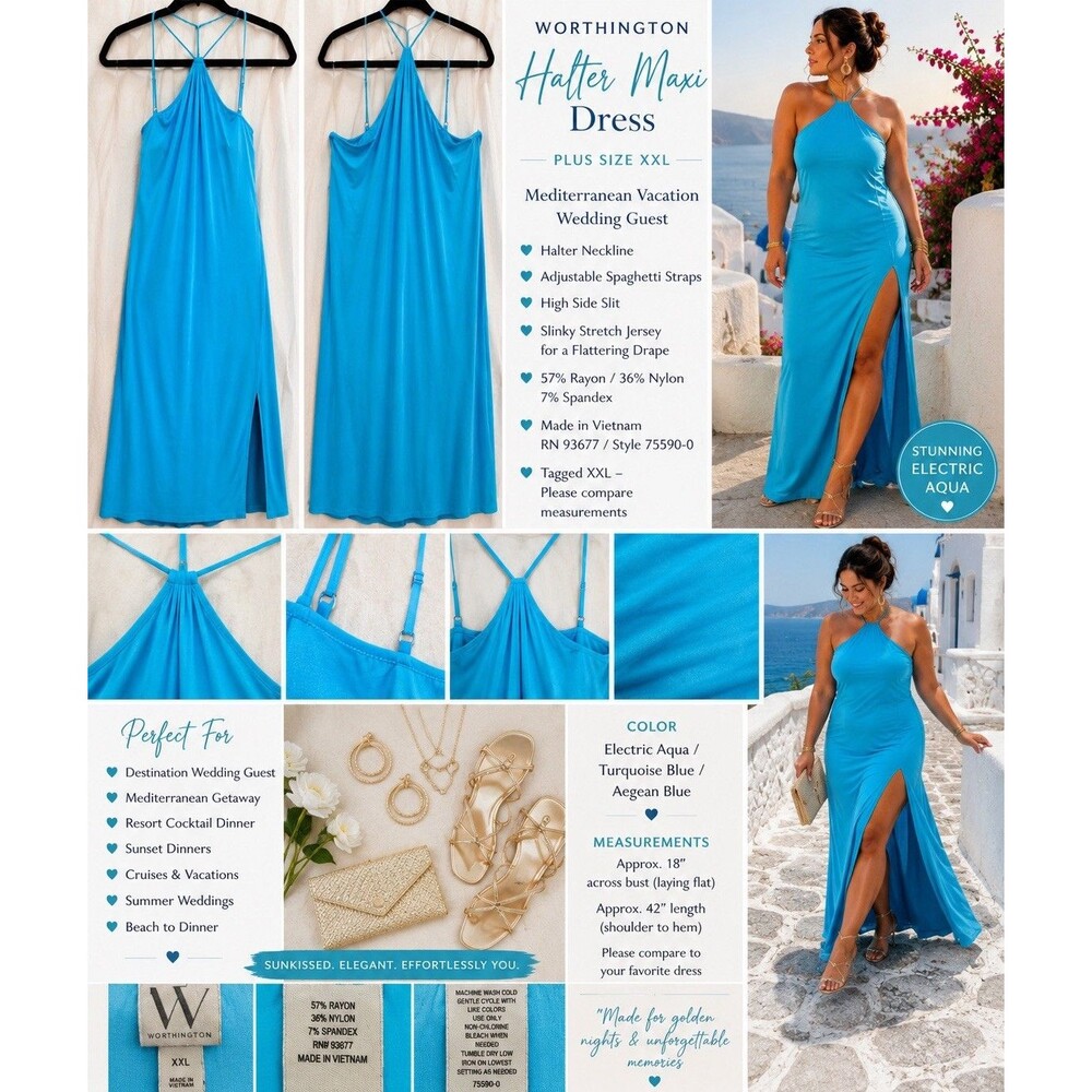 Worthington XXL Aqua Blue Racer Halter Maxi Bodycon Dress High Slit Wedding